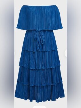 Off-Shoulder Tiered Pleated Maxi Dress in Cobalt